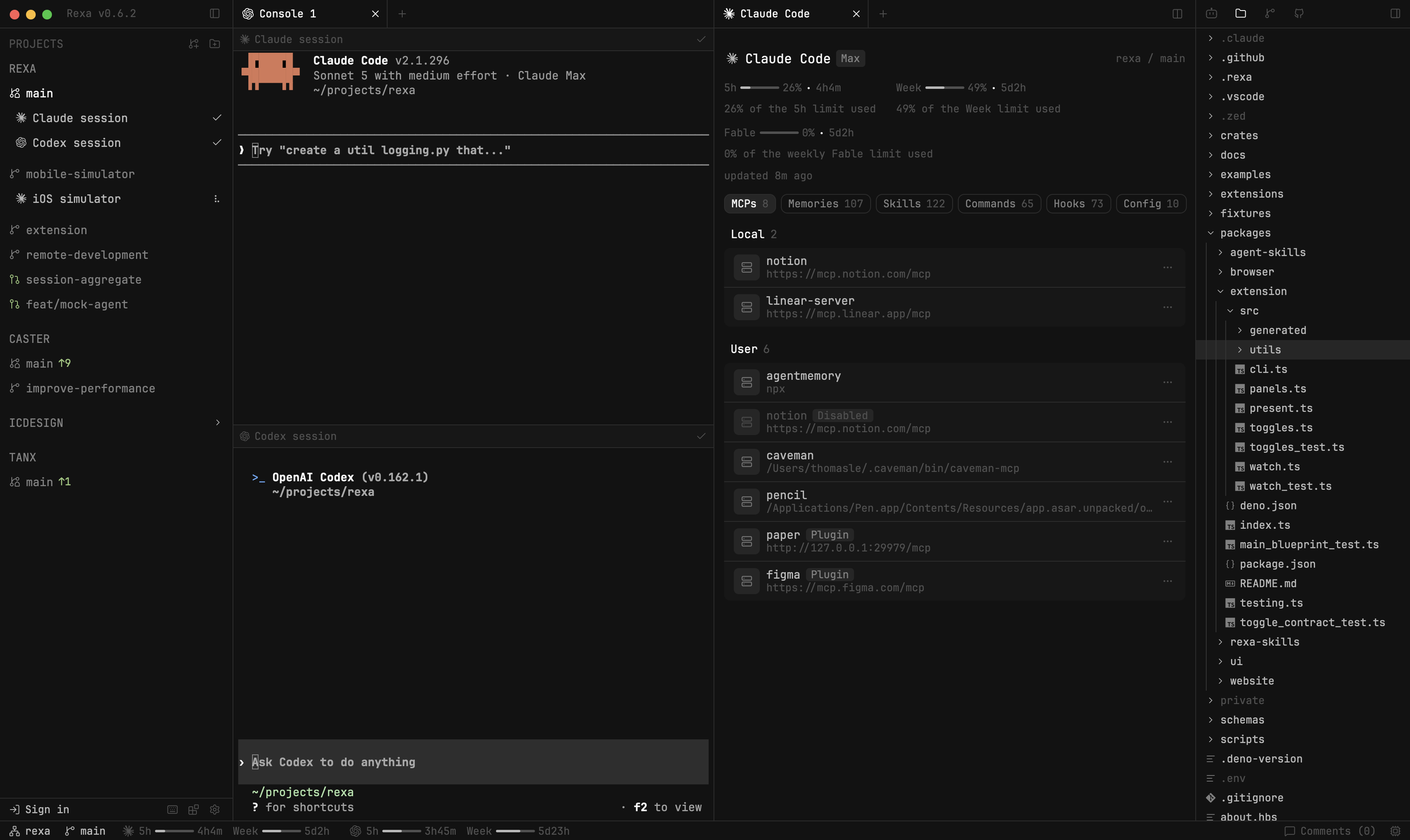 Rexa workspace with the agents sidebar, two Claude Code sessions and the file explorer